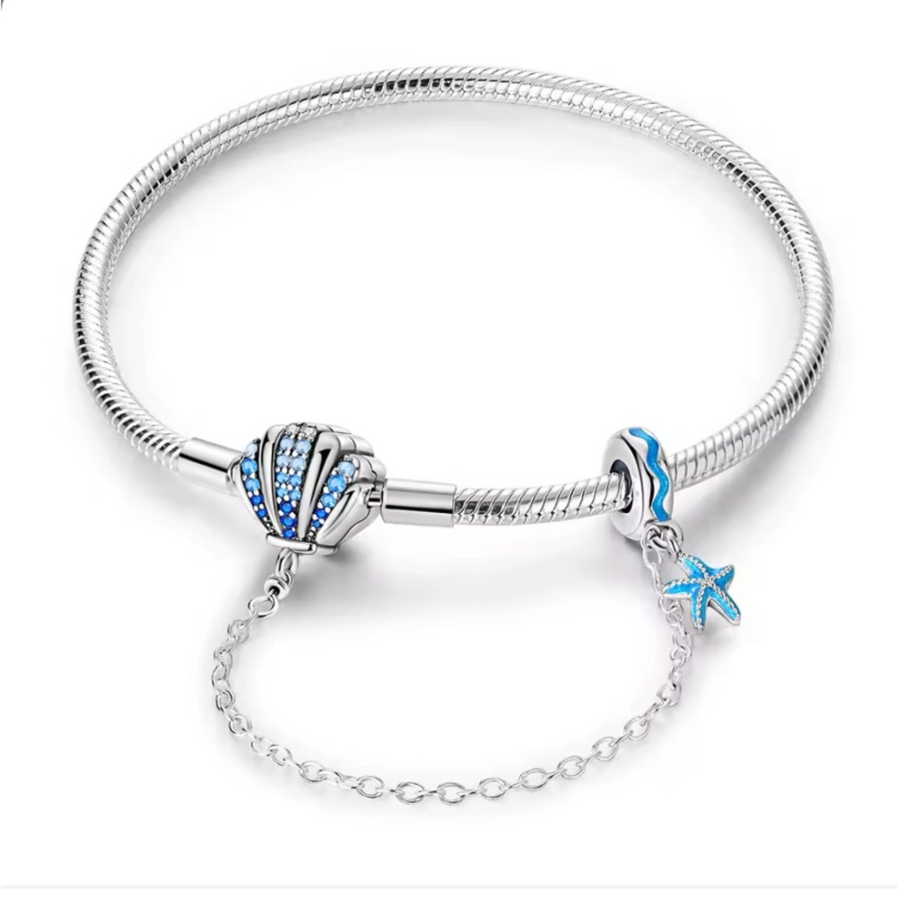 Sterling Silver Sea Shell Charm Bracelet with Blue Accents